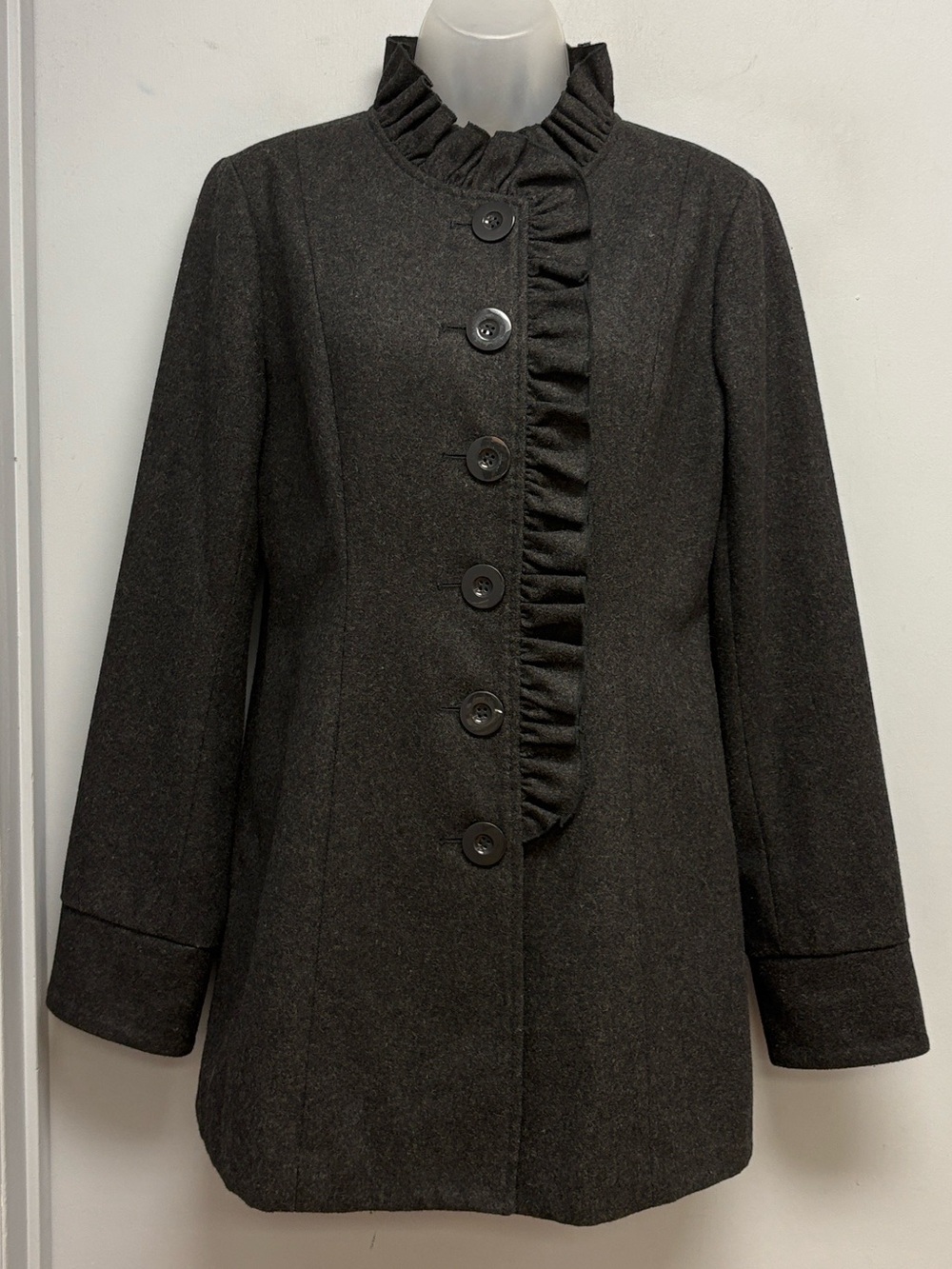 Anthropologie Tulle Charcoal Gray Wool Blend Ruffle Front Coat Jacket Size M